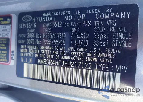 2017 Hyundai Santa Fe Se Ultimate z USA, uszkodzony, nr VIN KM8SR4HF3HU217122